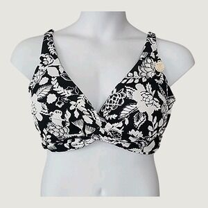 Artesands‎ Bikini Top Size 16 Black White Floral Twist Front Multi-Fit Cup D-G